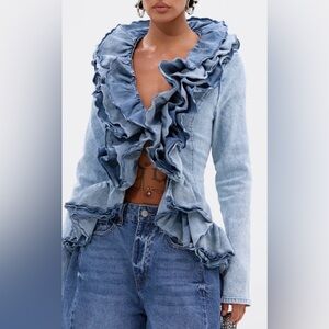 NWT AKIRA Ruffled light blue Denim Jacket size M
